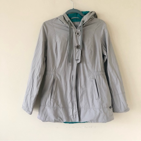 PrAna Gray and Teal Abby Lightweight Hooded Windbreaker Rain Jacket Size Medium - Picture 2 of 15